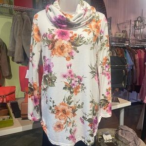 Floral Cowl Neck Sweater - White, Pink, Orange